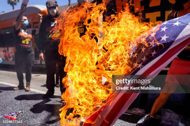 Protesters set fire to an American flag near President Donald Trumps Star on the Hollywood Walk of Fame, part of the Demonstrate How to Dishonor the...