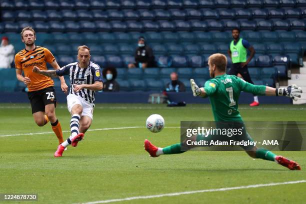 Kamil Grosicki of West Bromwich Albion scores a goal to make it 3-2 with team mates during the Sky Bet Championship match between West Bromwich...