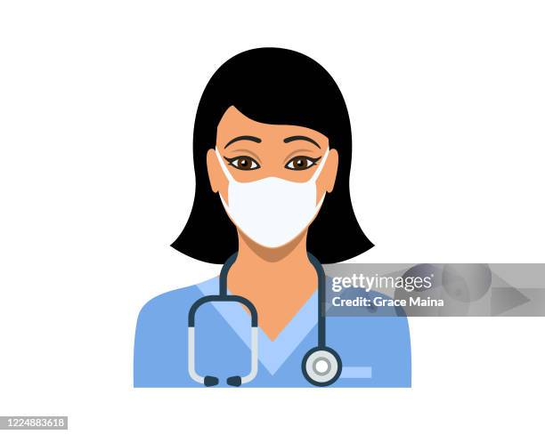 ilustrações de stock, clip art, desenhos animados e ícones de young female nurse in blue nurse's scrubs with a stethoscope vector - vírus da gripe aviária