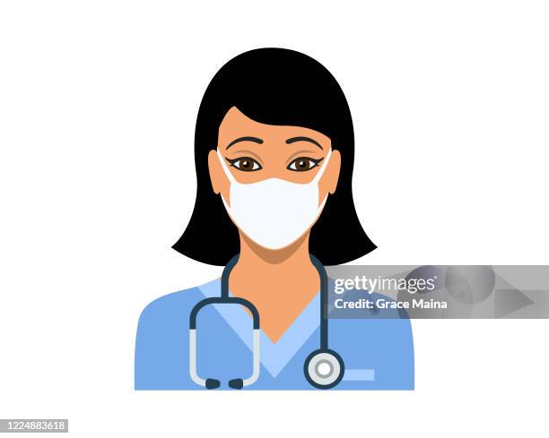 young female nurse in blue nurse's scrubs with a stethoscope vector - doctor cartoon stock illustrations