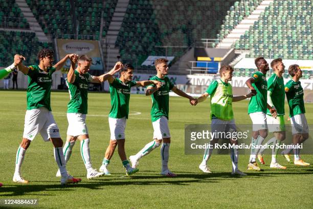 The players from FC St.Gallen 1879 celebrates their victory After the Swiss Raiffeisen Super League match between FC St.Gallen and FC Sion at...