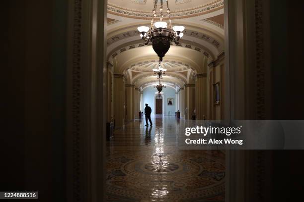 Member of the U.S. Capitol Police stands in a hallway at the U.S. Capitol May 14, 2020 in Washington, DC. The Senate is scheduled to vote on passage...