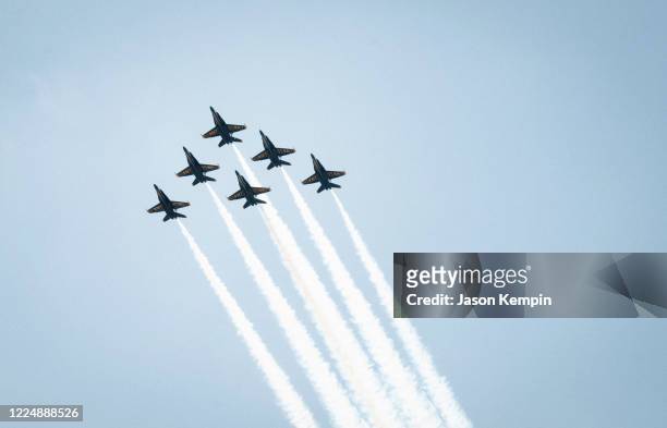 The Blue Angels are seen flying over downtown on May 14, 2020 in Nashville, Tennessee.