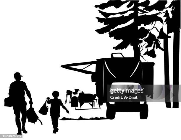 camping mit papa silhouette - authentic stock-grafiken, -clipart, -cartoons und -symbole