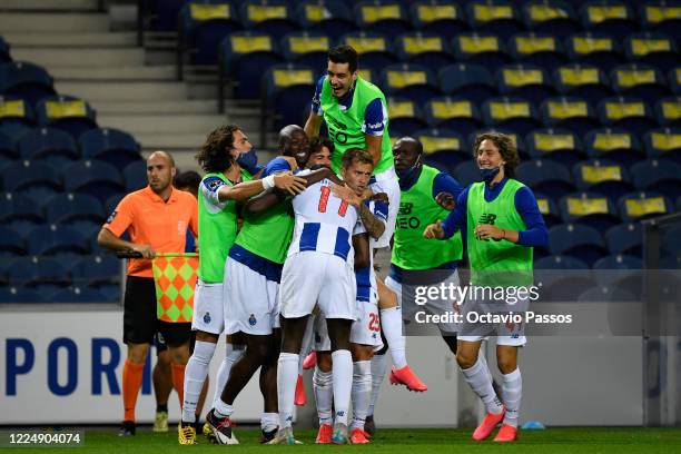 Moussa Marega of FC Porto celebrates after scores a goal during the Liga Nos match between FC Porto and Belenenses SAD at Estadio do Dragao on July...