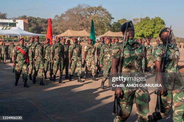 Malawi Defence Force soldiers are seen during a dress rehearsal prior to the inauguration of Malawis President elect Lazarus Chakwera at the Kamuzu...