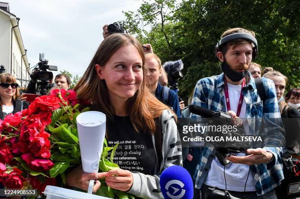 Russian journalist Svetlana Prokopyeva who was charged with publicly justifying terrorism leaves after a court hearing in Pskov on July 6, 2020. - A...