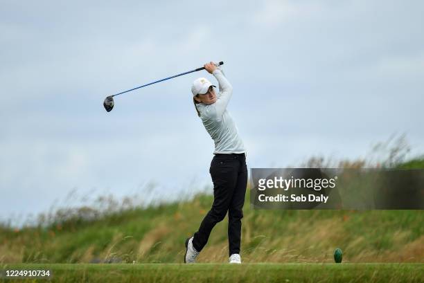 Louth , Ireland - 6 July 2020; Kate Dwyer watches her tee shot on the 11th during the Flogas Irish Scratch Series at the Seapoint Golf Club in...