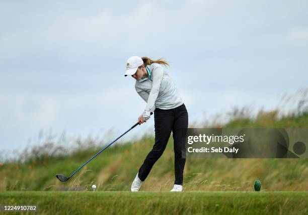 Louth , Ireland - 6 July 2020; Kate Dwyer plays her tee shot on the 11th during the Flogas Irish Scratch Series at the Seapoint Golf Club in...