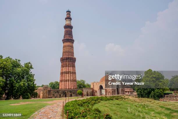 Deserted view of the United Nations Educational, Scientific and Cultural Organisation World Heritage Site of Qutub Minar complex, on July 06, 2020 in...