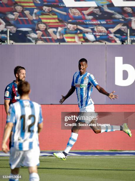 Alexander Isak of Real Sociedad celebrates 0-1 during the La Liga Santander match between Levante v Real Sociedad at the Stadium Ciudad Deportiva...