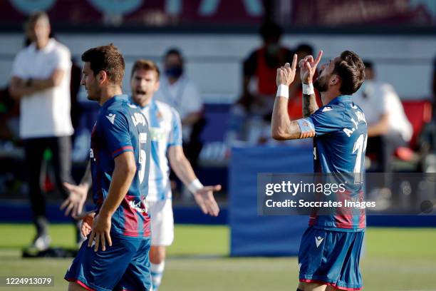 Jose Luis Morales of Levante celebrates 1-1 during the La Liga Santander match between Levante v Real Sociedad at the Stadium Ciudad Deportiva Camilo...