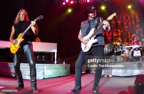 Rickey Medlocke and Hughie Thomasson of Lynyrd Skynyrd perform at Shoreline Amphitheatre on August 3, 2002 in Mountain View, California.