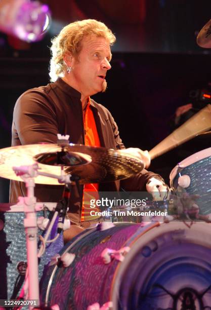 Joey Kramer of Aerosmith performs during the band's "Girls of Summer" tour at Shoreline Amphitheatre on November 14, 2002 in Mountain View,...