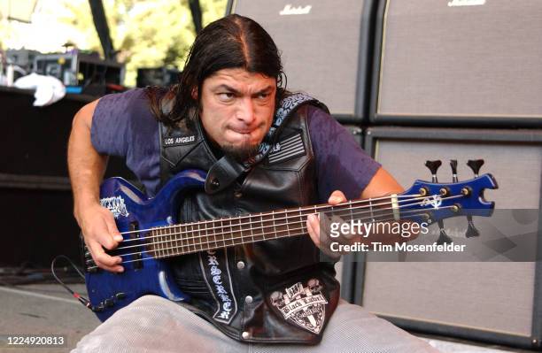 Robert Trujillo of Black Label Society performs during Ozzfest 2001 at Shoreline Amphitheatre on August 25, 2002 in Mountain View, California.