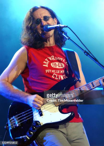 Geddy Lee of Rush performs during the band's "vapor Trails" tour at Shoreline Amphitheatre on September 20, 2002 in Mountain View, California.