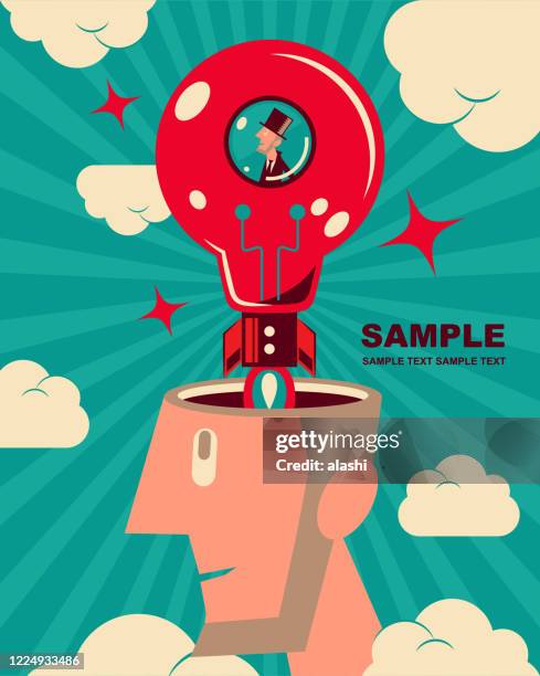 small businessman (explorer, spaceman) riding on the idea light bulb rocket (spaceship, space shuttle) that is going to launch from the giant man's head - inventor vector stock illustrations