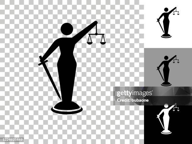 lady justice icon auf schachbrett transparenten hintergrund - justitia-waage stock-grafiken, -clipart, -cartoons und -symbole