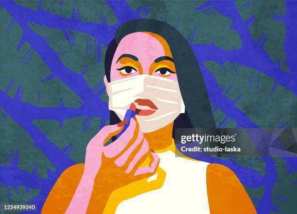 continuing her beauty regiment while staying at home. concept of self care and makeup routine in the age of isolation and social distancing. - editorial woman stock illustrations