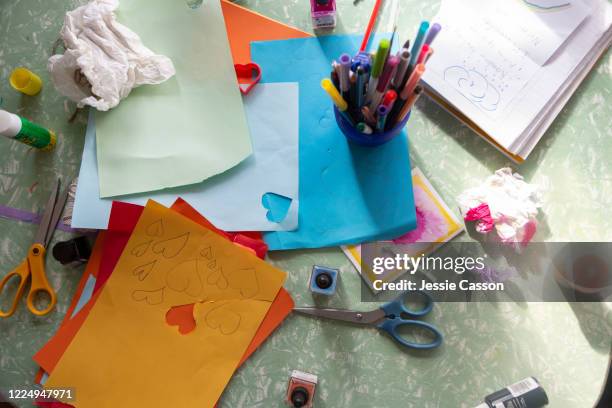 over head view of child's arts and craft project - art and craft stock pictures, royalty-free photos & images