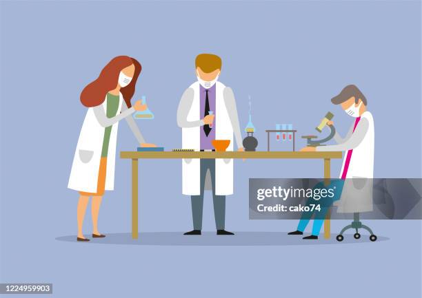 scientific research in chemical laboratory - coronavirus scientist stock illustrations