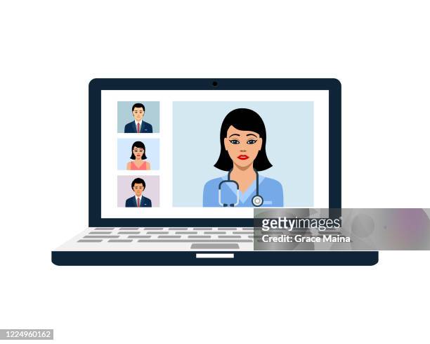 young female doctor in blue nurse's scrubs with a stethoscope in video conference vector - virtual event stock illustrations