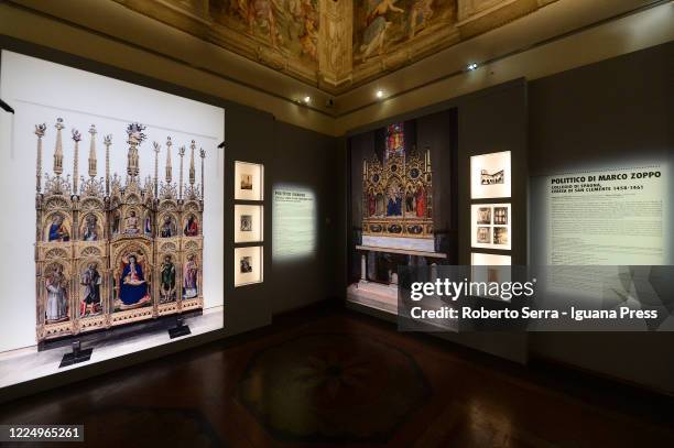 General view of the Griffoni Polyptych exhibition preview at Genus Bononiae's Palazzo Fava on May 14, 2020 in Bologna, Italy. Italy was the first...