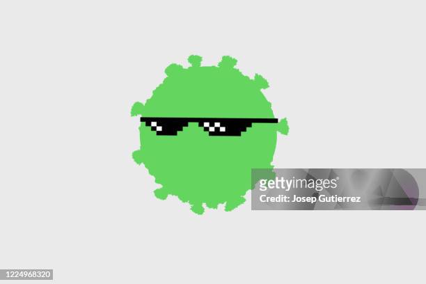 pixelated virus thug life concept. sunglasses on green simple coronavirus - ironia imagens e fotografias de stock