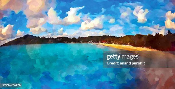 tropical beach watercolour painting colourful sunny - sand art in india stock-fotos und bilder