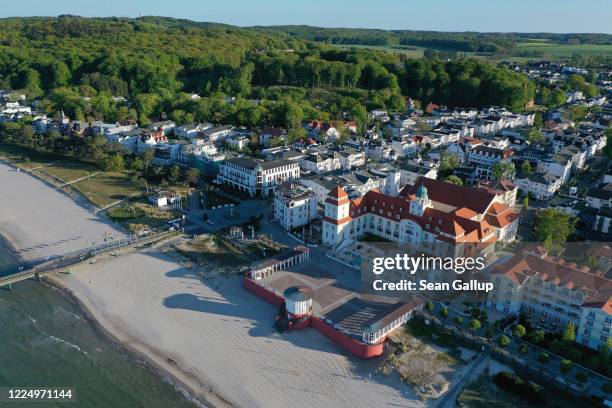 In this aerial view the grand Kurhaus Binz hotel stands at the beach on Ruegen Island during the coronavirus crisis on May 14, 2020 in Binz, Germany....