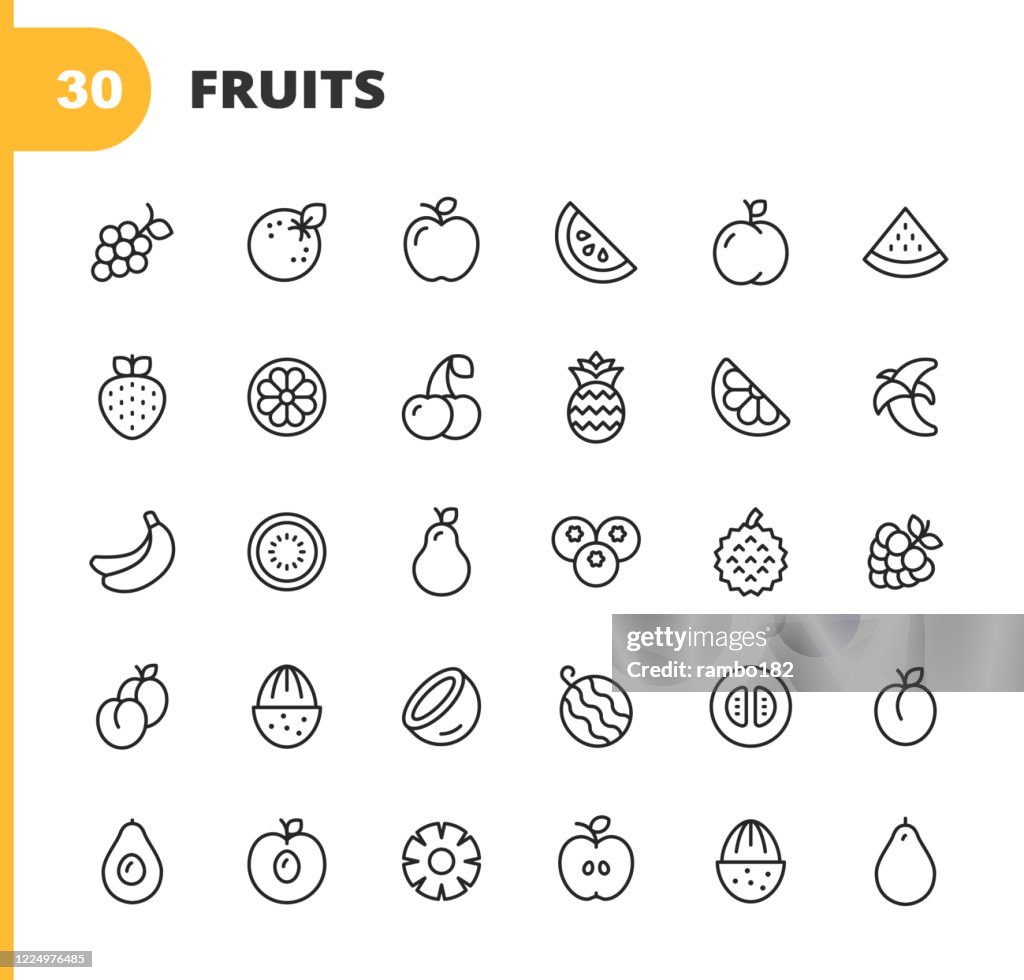 Fruit Line Icons. Bearbeitbarer Strich. Pixel perfekt. Für Mobile und Web. Enthält solche Symbole wie Wassermelone, Orange, Banane, Birne, Ananas, Trauben, Apfel, Heidelbeere, Erdbeere, Pfirsich, Kokosnuss, Mandarine, Ananas, Obst, Gesunder Lebensstil, V