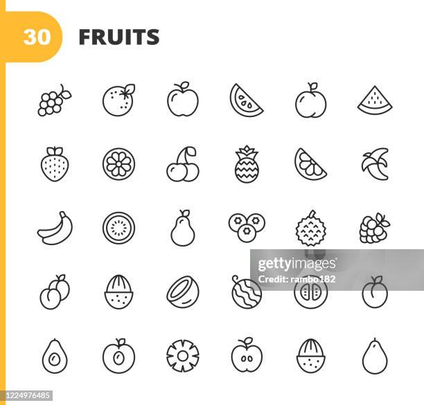 stockillustraties, clipart, cartoons en iconen met de pictogrammen van de fruitlijn. bewerkbare slag. pixel perfect. voor mobiel en web. bevat iconen als watermeloen, sinaasappel, banaan, peer, ananas, druiven, appel, bosbes, aardbei, perzik, kokosnoot, mandarijn, ananas, fruit, gezonde levensstijl, vegani - framboos