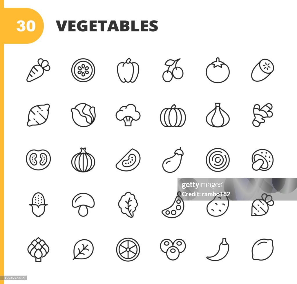 Gemüse Linie Icons. Bearbeitbarer Strich. Pixel perfekt. Für Mobile und Web. Enthält symboleweise Karotten, Zitrone, Pfeffer, Zwiebel, Kartoffel, Tomate, Mais, Spinat, Bohne, Pilz, Ingwer, Rettich, Spinat, Gurke.