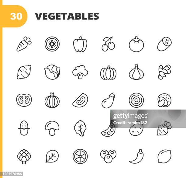 蔬菜線圖示。可編輯描邊。圖元完美。適用於行動和 web。包含如胡蘿蔔,檸檬,胡椒,洋蔥,土豆,番茄,玉米,菠菜,豆,蘑菇,生薑,蘿蔔,菠菜,黃瓜等圖示。 - bean 幅插畫檔、美工圖案、卡通及圖標