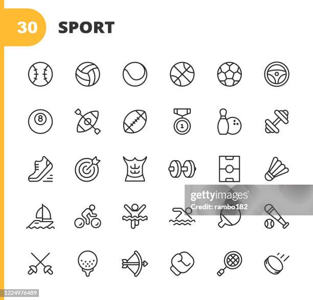 ilustraciones, imágenes clip art, dibujos animados e iconos de stock de iconos de línea deportiva. trazo editable. píxel perfecto. para móviles y web. contiene iconos tales como béisbol, voleibol, tenis, baloncesto, fútbol, medalla, zapatos de correr, músculos, bicicleta, ricing, piscina, golf, bolos, gimnasio, surf, caj - pelota