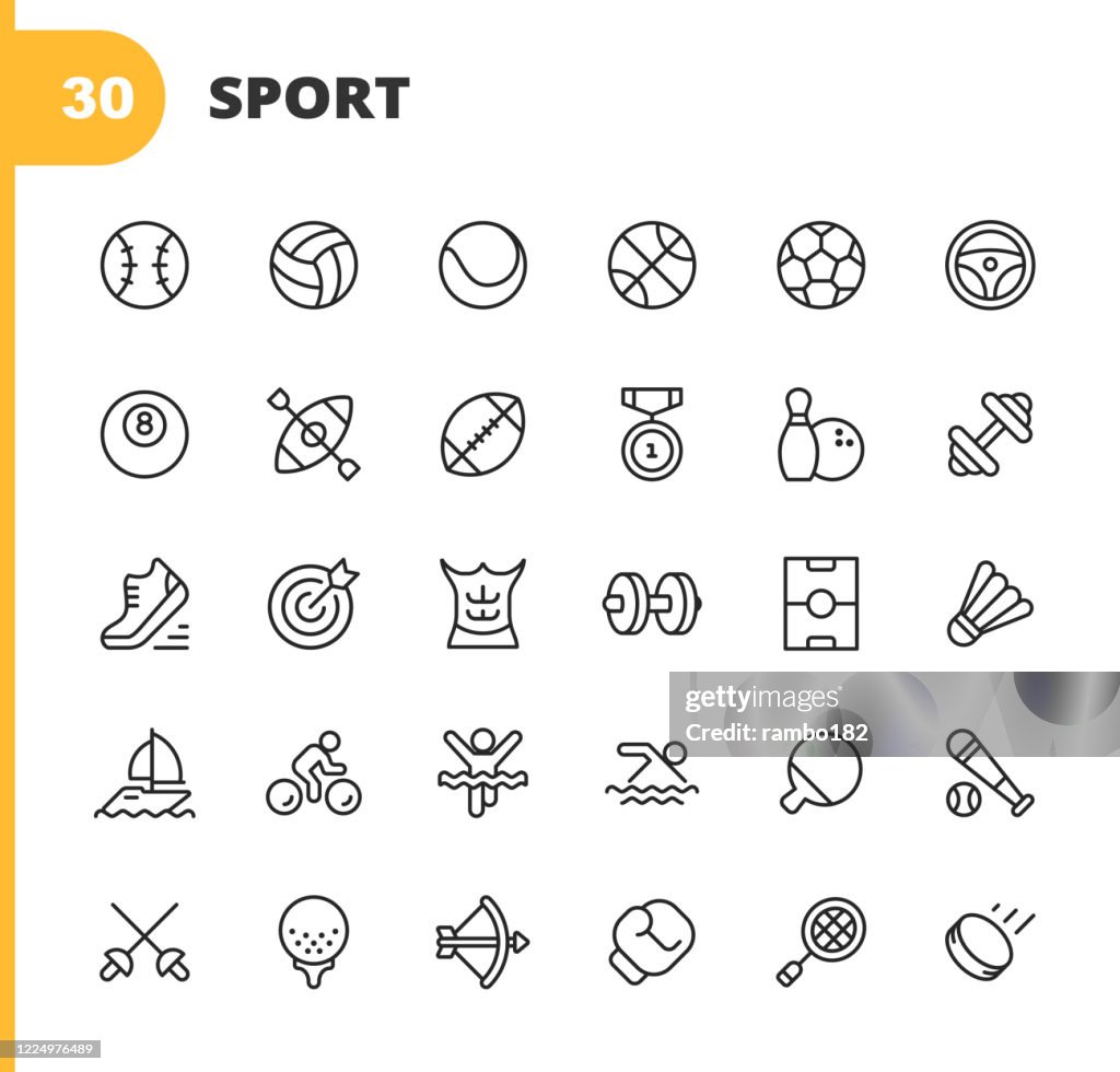 Sport Line Icons. Editable Stroke. Pixel Perfect. For Mobile and Web. Contains such icons as Baseball, Volleyball, Tennis, Basketball, Soccer, Medal, Running Shoes, Muscles, Bicycle, Ricing, Pool, Golf, Bowling, Gym, Surfing, Box, Archery, Swimming.