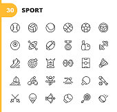 Sport Line Icons. Editable Stroke. Pixel Perfect. For Mobile and Web. Contains such icons as Baseball, Volleyball, Tennis, Basketball, Soccer, Medal, Running Shoes, Muscles, Bicycle, Ricing, Pool, Golf, Bowling, Gym, Surfing, Box, Archery, Swimming.