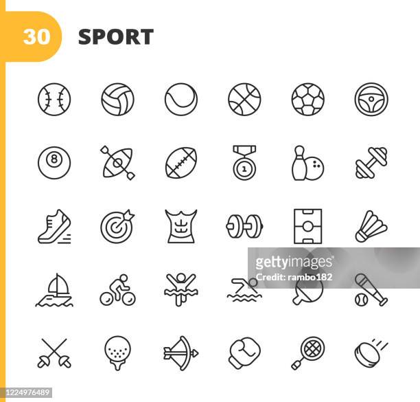 sport line icons. editable stroke. pixel perfect. for mobile and web. contains such icons as baseball, volleyball, tennis, basketball, soccer, medal, running shoes, muscles, bicycle, ricing, pool, golf, bowling, gym, surfing, box, archery, swimming. - soccer ball stock illustrations