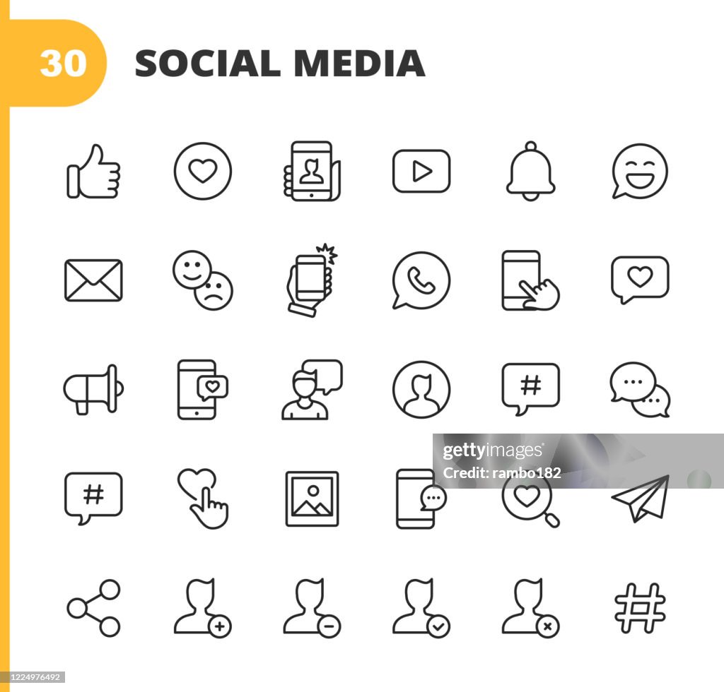 Icônes de ligne de médias sociaux. Accident vasculaire cérébral modifiable. Pixel Parfait. Pour mobile et Web. Contient des icônes telles que Like Button, Thumb Up, Selfie, Photography, Speaker, Advertising, Online Messaging, Hashtag, Profile, Notific