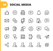 Social Media Line Icons. Editable Stroke. Pixel Perfect. For Mobile and Web. Contains such icons as Like Button, Thumb Up, Selfie, Photography, Speaker, Advertising, Online Messaging, Hashtag, Profile, Notification, Influencer, Emoji, Social Network.