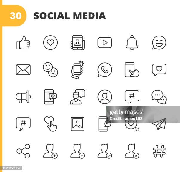 social media line icons. editable stroke. pixel perfect. for mobile and web. contains such icons as like button, thumb up, selfie, photography, speaker, advertising, online messaging, hashtag, profile, notification, influencer, emoji, social network. - social media stock illustrations