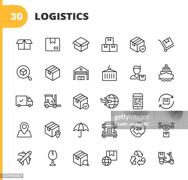 ilustrações de stock, clip art, desenhos animados e ícones de logistics and delivery line icons. editable stroke. pixel perfect. for mobile and web. contains such icons as shipping, delivery, box, insurance, ship, airplane, truck, bar code, recycling, support, drone, food delivery, warehouse, distribution. - pickup