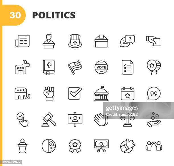 政治ラインアイコン。編集可能なストローク。ピクセルパーフェクト。モバイルとウェブ用。投票、キャンペーン、候補者、大統領、法律、寄付、政府、議会、共和党、民主党、聖書、選挙� - federal election committee点のイラスト素材／クリップアート素材／マンガ素材／アイコン素材