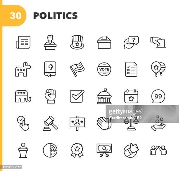 politics line icons. editable stroke. pixel perfect. for mobile and web. contains such icons as voting, campaign, candidate, president, law, donation, government, congress, republicans, democrats, bible, election, flag, debate, power. - government stock illustrations