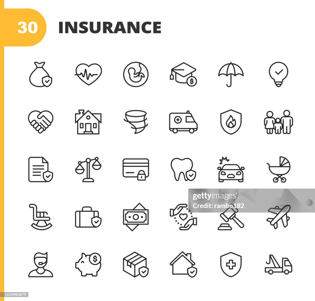 Versicherungsliniensymbole. Bearbeitbarer Strich. Pixel perfekt. Für Mobile und Web. Enthält Symbole wie Versicherung, Agent, Versand, Familie, Kreditkarte, Krankenversicherung, Sparen, Unfall, Recht, Reiseversicherung, Immobilien, Support, Ruhestand.