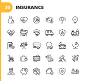 Insurance Line Icons. Editable Stroke. Pixel Perfect. For Mobile and Web. Contains such icons as Insurance, Agent, Shipping, Family, Credit Card, Health Insurance, Savings, Accident, Law, Travel Insurance, Real Estate, Support, Retirement.