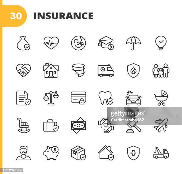 insurance line icons. editable stroke. pixel perfect. for mobile and web. contains such icons as insurance, agent, shipping, family, credit card, health insurance, savings, accident, law, travel insurance, real estate, support, retirement. - insurance stock illustrations