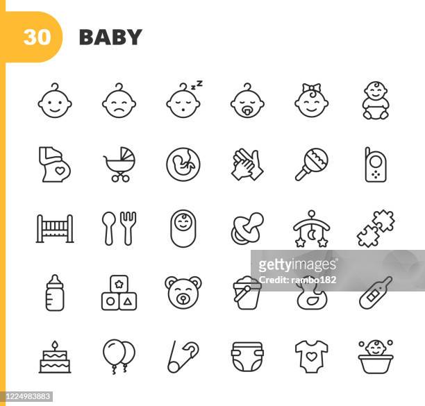 ilustraciones, imágenes clip art, dibujos animados e iconos de stock de iconos de la línea del bebé. trazo editable. píxel perfecto. para móviles y web. contiene iconos como bebé, cochecito, embarazo, leche, parto, tetina, crianza, juguete de pato, cuna, pañal, madre. - parvulario