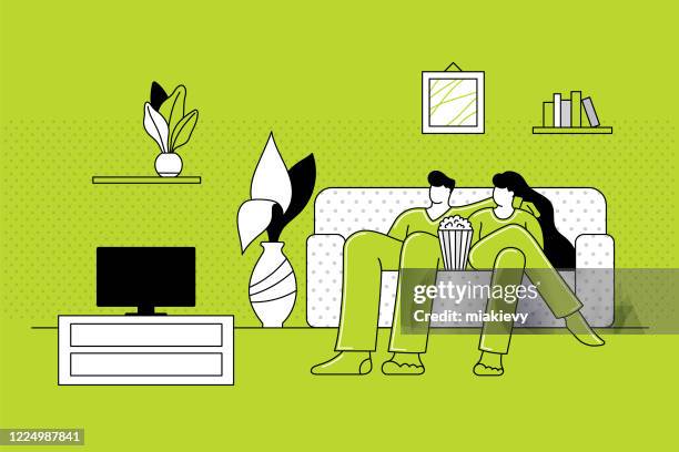 illustrations, cliparts, dessins animés et icônes de couples restant à la maison - homme relax