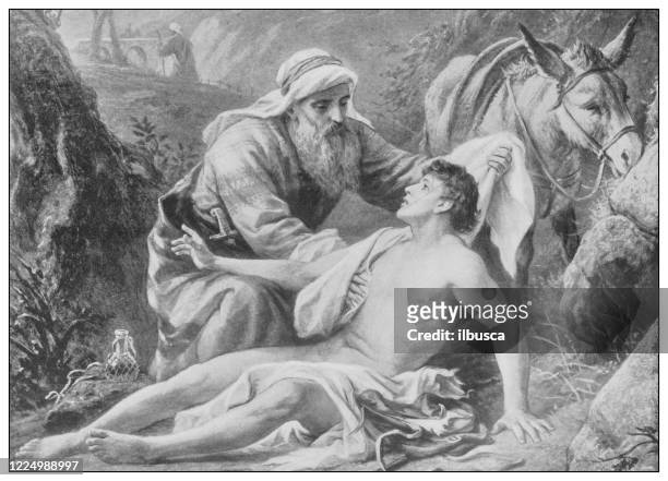antique famous painting from the 19th century: the good samaritan by b plockhorst - positive emotion stock illustrations